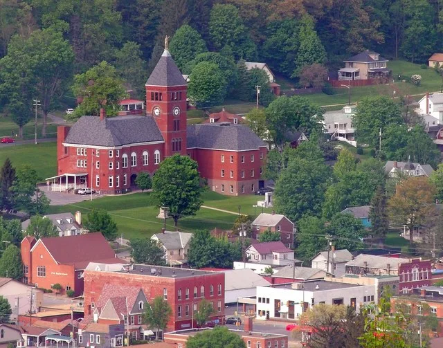 Zoomed-in view of Emporium, the seat of Cameron County, Pennsylvania, USA from the Whittimore Road vista