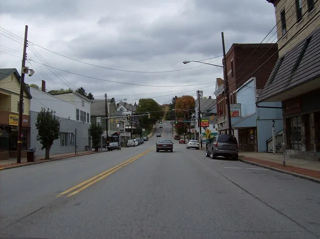 Along eastbound Route 68 in central Evans City , Pennsylvania , United States .
