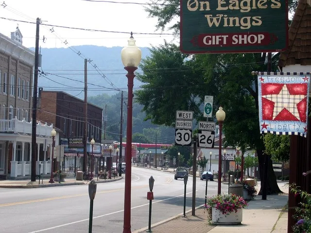 Main Street in Everett, Pennsylvania. Looking west with Tussey Mountain on the horizon.