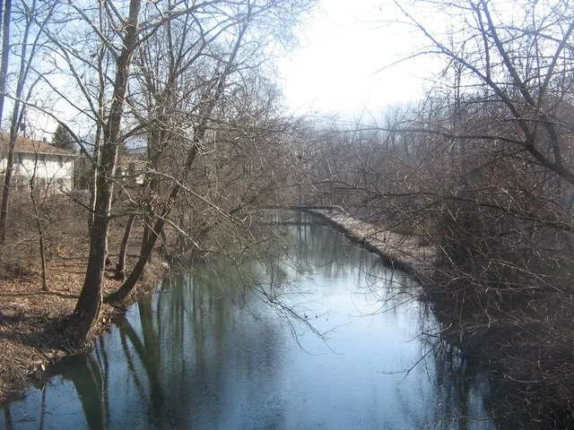 Remnants of the Bald Eagle Crosscut Canal , in the borough of Flemington, Clinton County, Pennsylvania, USA. View is looking east from the Pennsylvania Route 150 bridge.