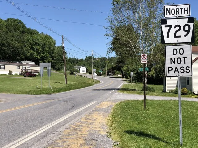 View north along Pennsylvania State Route 729 (Tyrone Pike) at Pennsylvania State Route 53 (Glen Hope Boulevard) in Glen Hope, Clearfield County, Pennsylvania