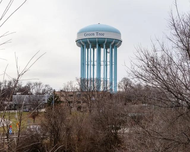The Green Tree water tower, a local landmark since 1952. Located in the borough of Green Tree, Pennsylvania , the Green Tree water tower has been a local landmark since it was bui...