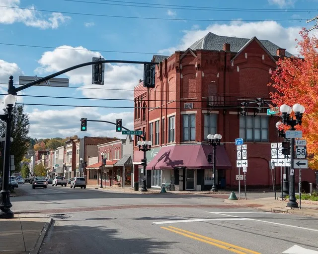 Image of Downtown Greenville, Pennsylvania facing west at intersection of Main and Mercer Streets.