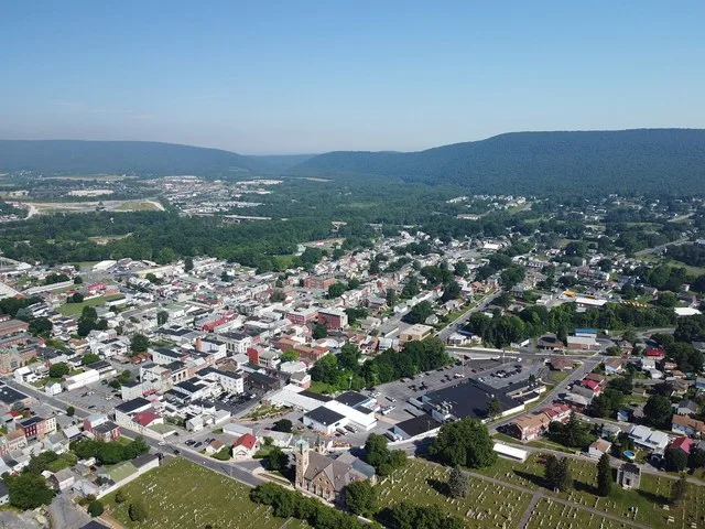 Aerial view of Hamburg, PA, looking northwest toward the Blue Mountain and Schuylkill water gap