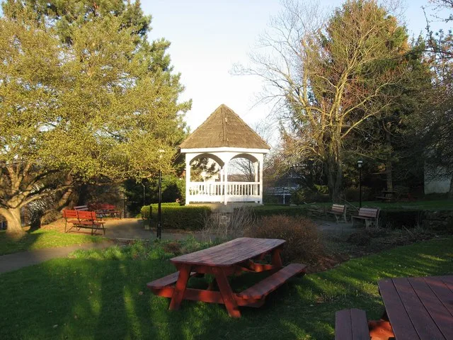 Gazebo and picnic tables in the central park of Homewood , Pennsylvania , United States .