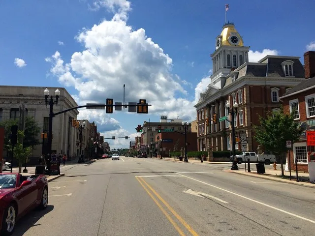 Looking west down Philadelphia Street (PA 286) from just before the corner of 6th Street (PA 954), Indiana, Pennsylvania.