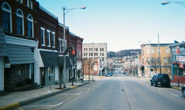Downtown Jeannette, Pennsylvania, looking downhill (toward the northwest) on Clay Avenue, from a position between Second Street and Third Street