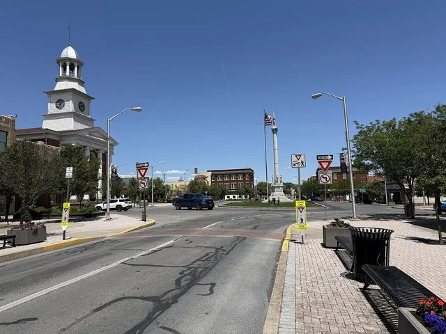 Eastbound Market Street at Monument Square in Lewistown, Pennsylvania