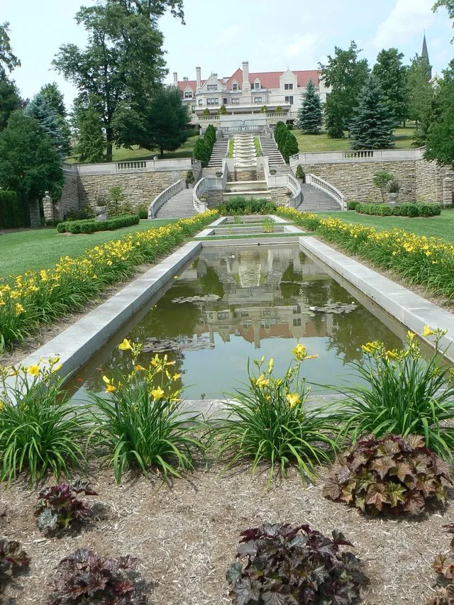The main house, cascades, and gardens of "Immergrün", Charles M. Schwab's retreat in Loretto, PA