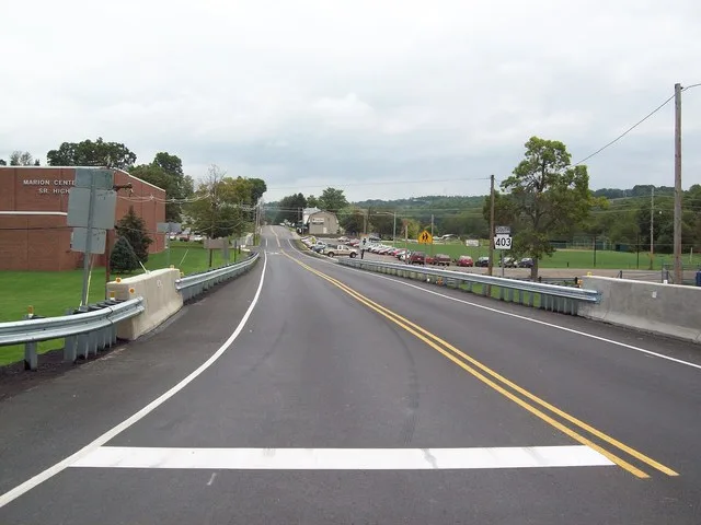 Photograph of Marion Center, Pennsylvania , as seen from the intersection of Main Street and Rt. 119. The local high school can be seen at far left.