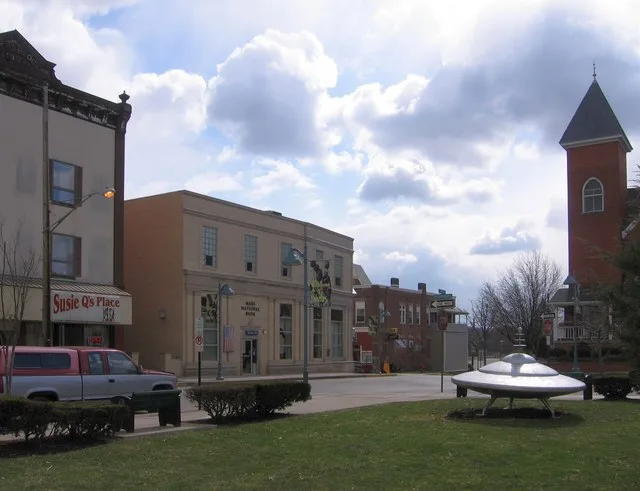 Downtown Mars, Pennsylvania with the Flying Saucer in the foreground.