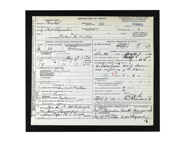 HOLLIS, Robert M. -- Death certificate -- New Alexandria, Pennsylvania -- May 8, 1926