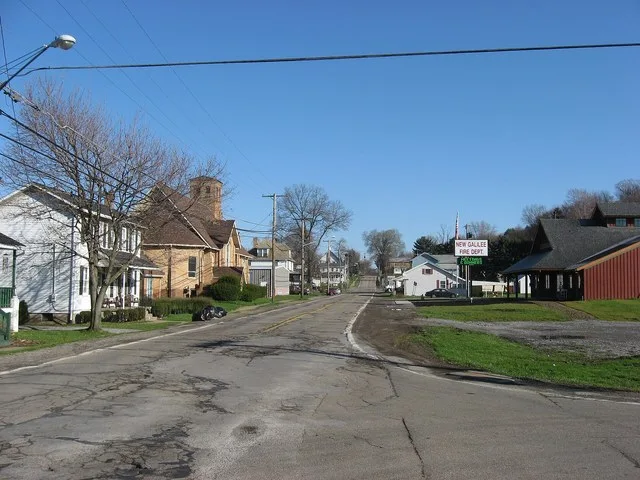 Northward along Centennial Avenue, the main street of New Galilee , Pennsylvania , United States , near the Jackson Street intersection.