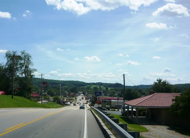 Looking southward, overlooking the business district, on North Center Avenue from the Borough Building, New Stanton, Westmoreland County, Pennsylvania.