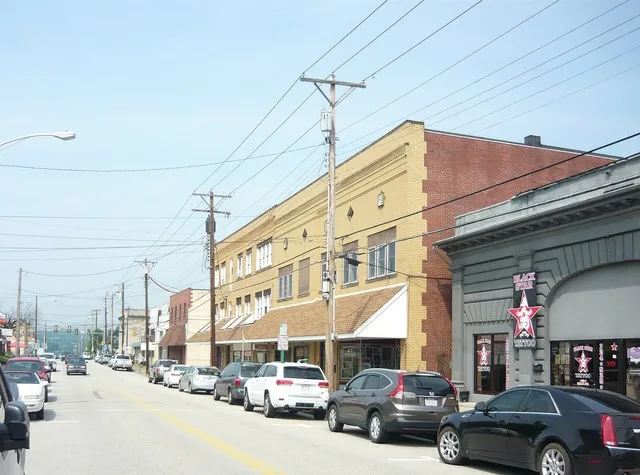 Looking southwestward on Broad Avenue from Baltimore Street, Borough of North Belle Vernon, Westmoreland County, Pennsylvania.