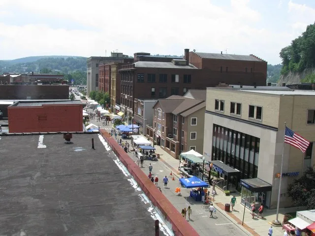 Overhead view of buildings in Pennsylvania's Oil City Downtown Commercial Historic District .