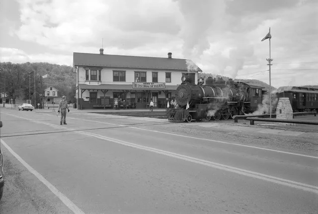 East Broad Top Railroad & Coal Co. 2-8-2 steam locomotive #15 in front of the railroad's Orbisonia Depot.
