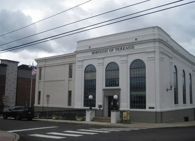 Photo of the Perkasie , Pennsylvania borough hall. Photo taken looking south-southwest from the intersection of 7th Street and Chestnut Street.