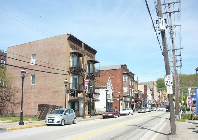 Business district of Pitcairn, Allegheny County, Pennsylvania. Looking eastward on Broadway Boulevard from Wall Avenue.