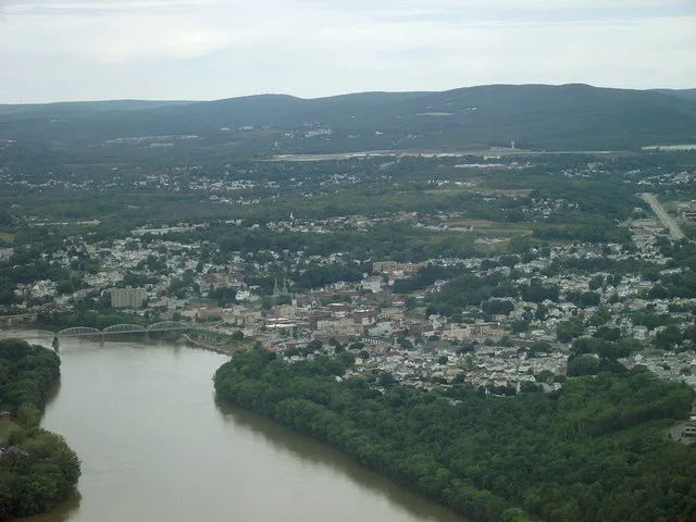 Pittston City aerial view looking northeast. Also in the background is Pittston Township and Wilkes-Barre/Scranton International Airport