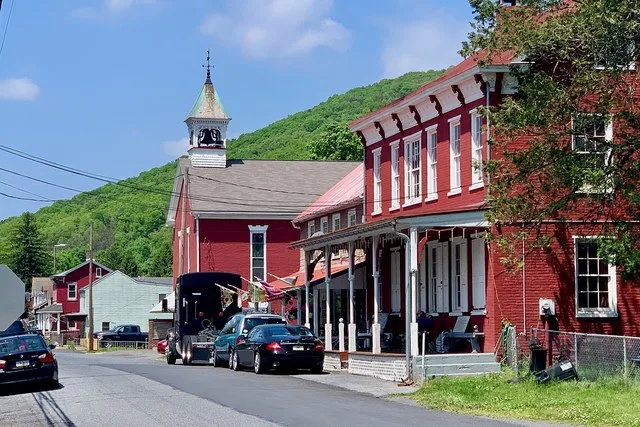 View looking north along Penn Street in Port Clinton, Pennsylvania . St. John’s Church is in the center.