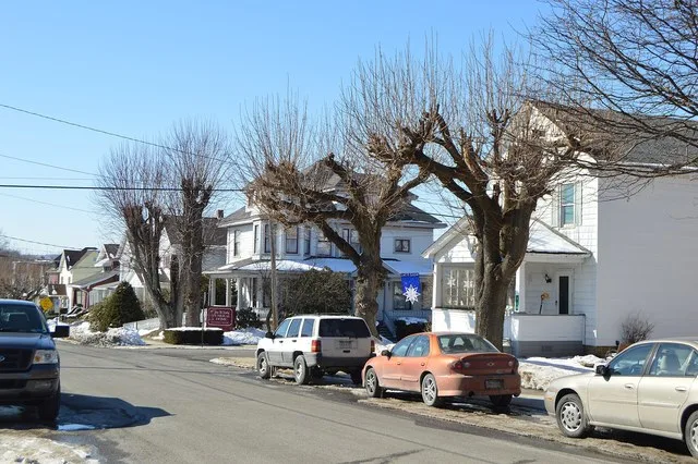 Houses on the northern side of Gillespie Street at the Cambria Street intersection in Portage , Pennsylvania , United States . This neighborhood is part of the Portage Historic Di...