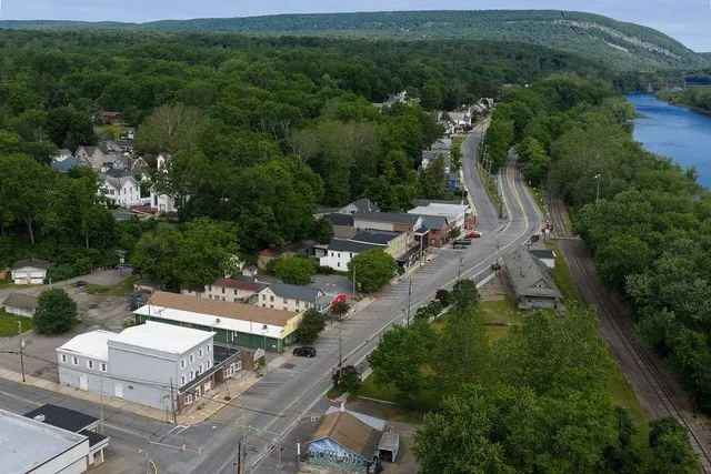 Aerial view of Portland (pop. 494), a borough in Northampton County, Pennsylvania.