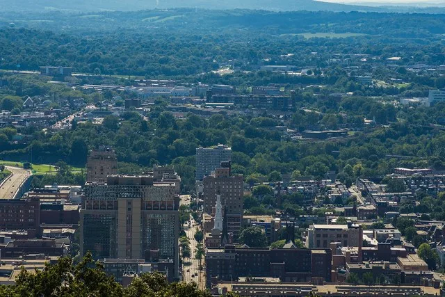 The skyline of Reading, Pennsylvania taken from the Pagoda with a zoom lens.