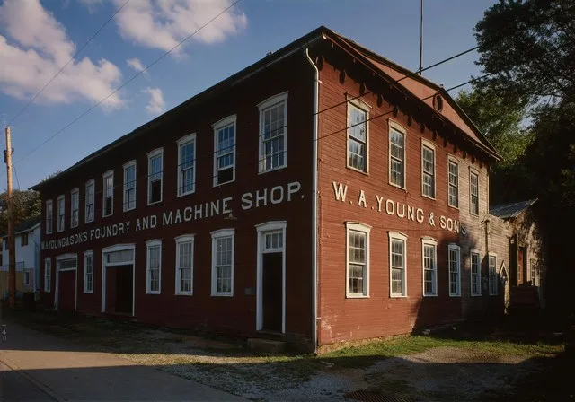 Front of the W.A. Young & Sons Foundry & Machine Shop, located along Water Street in Rices Landing , Pennsylvania , United States . Built circa 1900, the foundry is a contributing...