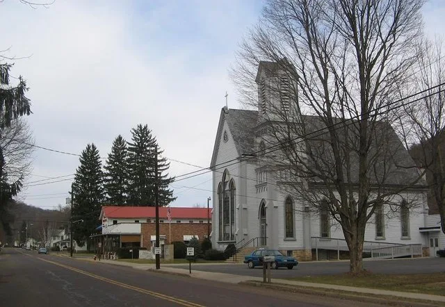 Salladasburg United Methodist Church and Cohick's Trading Post in borough of Salladasburg, Lycoming County, Pennsylvania, USA. This the center of the community.