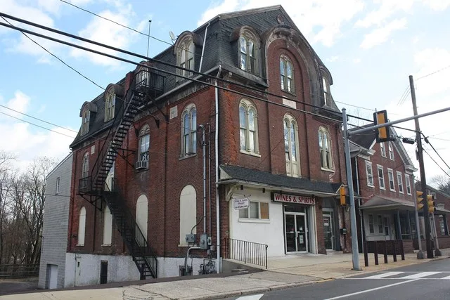 Main St. (Route 73/29) in Schwenksville, Montgomery County, Pennsylvania. Corner with Perkiomen Ave.