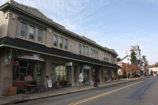Sellersville , Bucks County, Pennsylvania. View on N. Main St. (Bethlehem Pike, also called Old Route 309). Washington House is visible on far end.