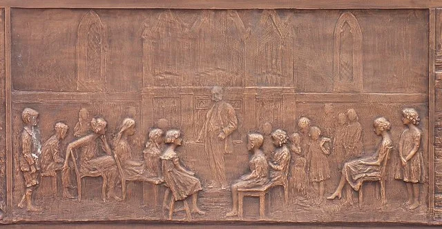 H J Heinz teaching Sunday school, H J Heinz Memorial Plaza Reliefs, Sharpsburg, Pennsylvania