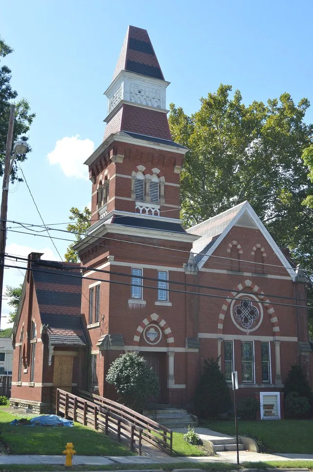 Front of the First Universalist Church of Sharpsville (now the historical society museum), located at 131 N. Mercer Avenue in Sharpsville , Pennsylvania , United States . Built in...