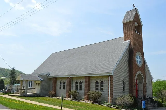 Southeastern side and front of Salem Lutheran Church, located at 26 Clarion Street in Smicksburg , Pennsylvania , United States . It was built in 1889, although it has seemingly b...