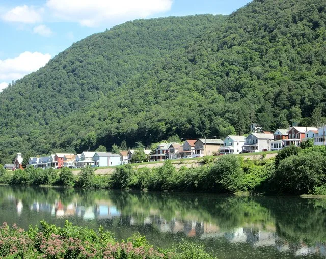 Houses along the West Branch Susquehanna River in South Renovo, Pennsylvania.