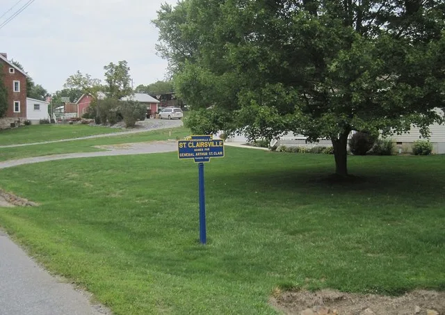 Photo of northbound Main Street entering St. Clairsville , Pennsylvania showing the borough's Keystone Marker . Photo taken looking northeast between Pennsylvania Route 869 and St...