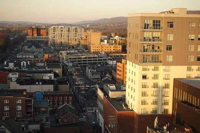 View of Calder Way in Downtown State College from above with Mount Nittany in the background