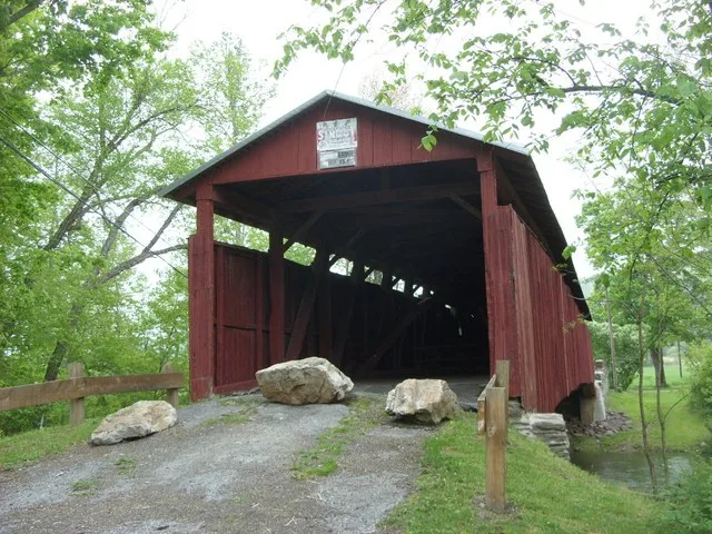 West portal of Stillwater Covered Bridge in the borough of Stillwater, Coulmbia County, Pennsylvania, USA. Built in 1849, it crosses Fishing Creek, and was listed on the National...