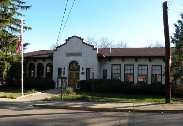 Picture of the Community Center in the Thornburg Historic District of Thornburg, Pennsylvania , on November 14, 2009. There is a sign on the Community Center that says the followi...