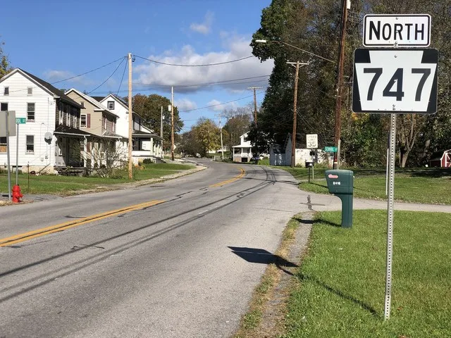 View north along Pennsylvania State Route 747 (Church Street) at School Street in Three Springs, Huntingdon County, Pennsylvania