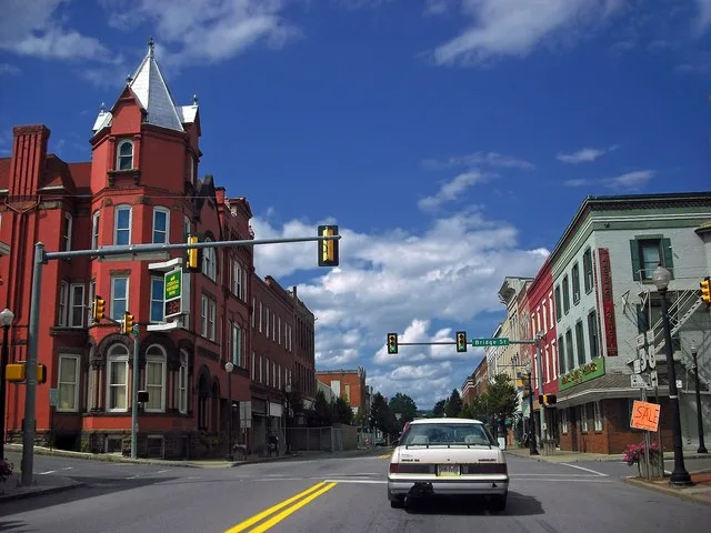 U.S. Route 6 in Towanda , Bradford County , Pennsylvania , United States . Picture is taken within the boundaries of the Towanda Historic District , which is listed on the Nationa...