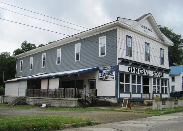 Photo of the Venango General Store in Venango , Pennsylvania . Photo taken from U.S. Route 6 / US 19 (Cussewago Street) looking southwest.