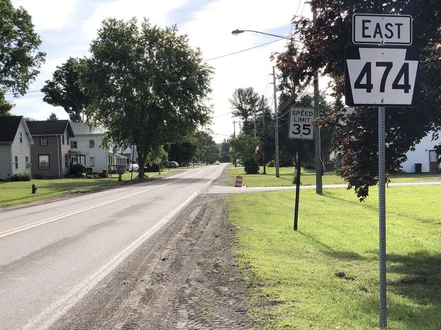 View east along Pennsylvania State Route 474 (Jamestown Street) at Center Street in Wattsburg, Erie County, Pennsylvania