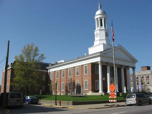 Front of the Greene County Courthouse, located along High Street ( U.S. Route 19 and Pennsylvania Route 21 ) in downtown Waynesburg , Pennsylvania , United States . Built in 1850...