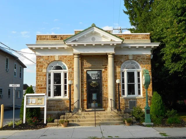 Old bank in Wellsville Historic District, listed on the NRHP on December 6, 1977, along York and Main Streets (Pennsylvania Route 74) in Wellsville, YorkCounty, Pennsylvania. This...