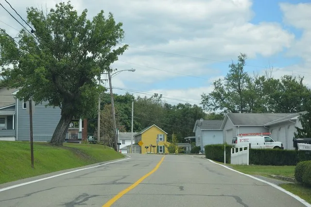 Main Street in West Leechburg , Pennsylvania , United States , looking north from Pleasant Hill Road.