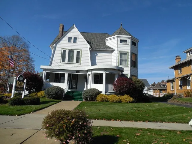 Front of the Smith Funeral Home, located at 3126 Main Street ( Pennsylvania Route 318 ) in West Middlesex , Pennsylvania , United States .