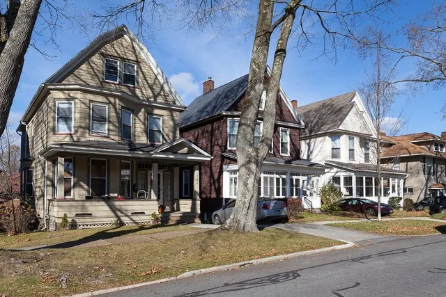 Looking north at 134, 130, and 126 Tioga St, the earliest group of homes for middle management employees of the Cambria Iron Company, c. 1901, in the Westmont Historic District ...