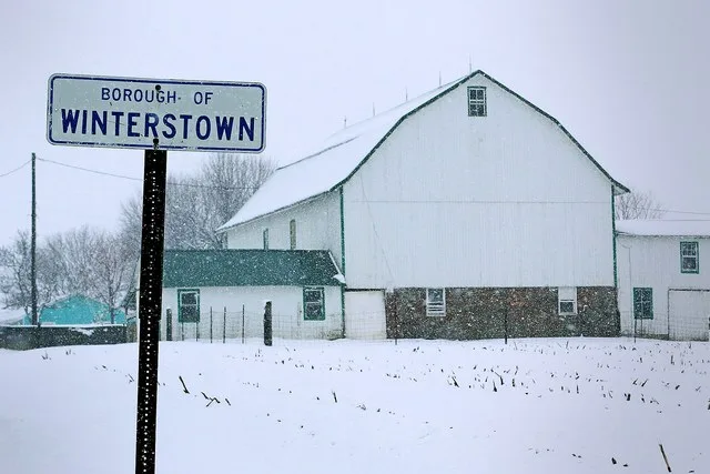 A barn on the western side of Pennsylvania Route 24 /Main Street on the northern edge of Winterstown , Pennsylvania , United States .